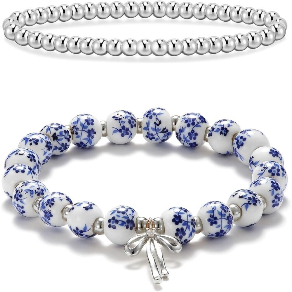 Beaded Charm Blue Silver Bracelet Women Vintage Flower Handmade Romantic Jewelry